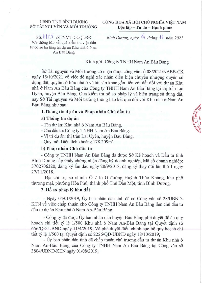 Thông báo kết quả nghiệm thu CSHT dự án Khu nhà ở Nam An Bàu Bàng