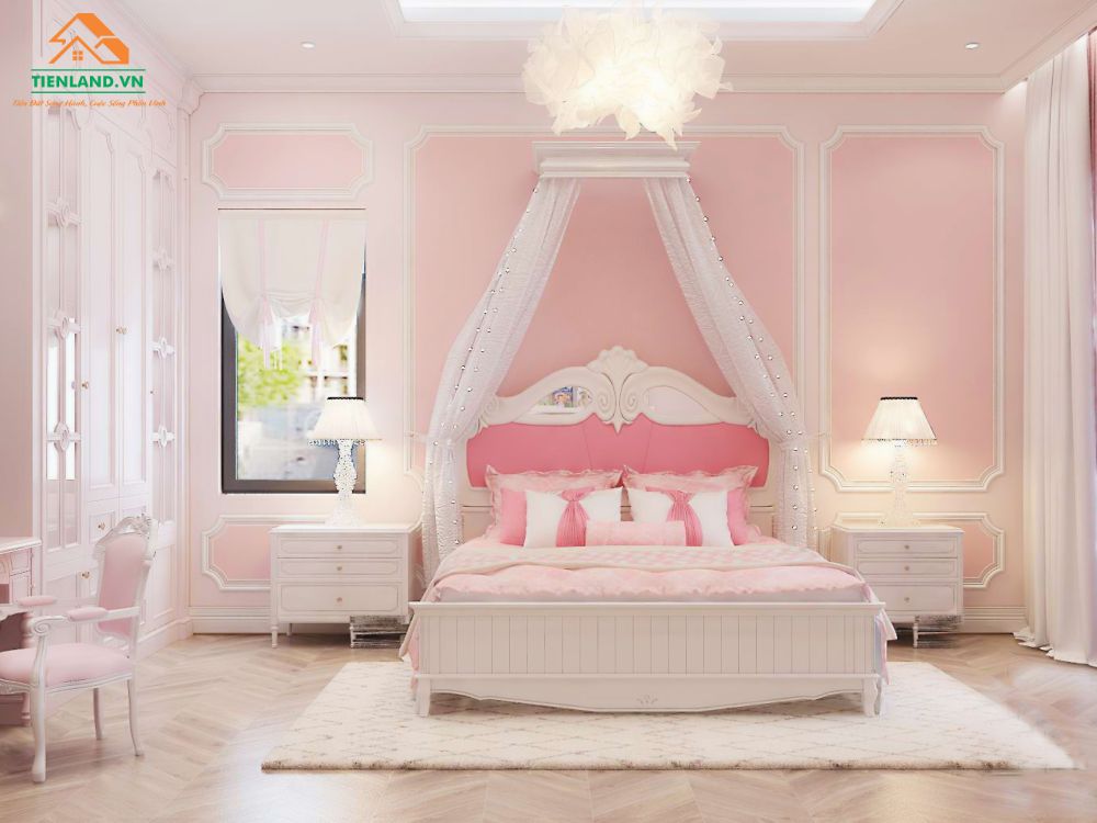 Căn phòng có thiết kế giường ngủ phá cách. Nhìn tổng thể như là một căn phòng giành cho công chúa
