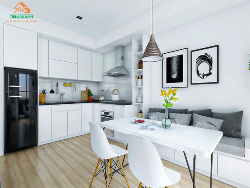 Mẫu phòng bếp cho ai thích gam màu trắng sang trọng kết hợp cùng đồ nội thất độc đáo như ghế sofa