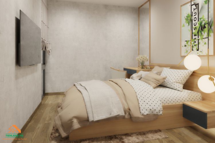 Phòng ngủ với nội thất đơn giản, tông màu lạnh cùng tranh treo tường nổi bật. Tuy đơn giản những vẫn tạo nên điểm nhấn cho không gian phòng ngủ