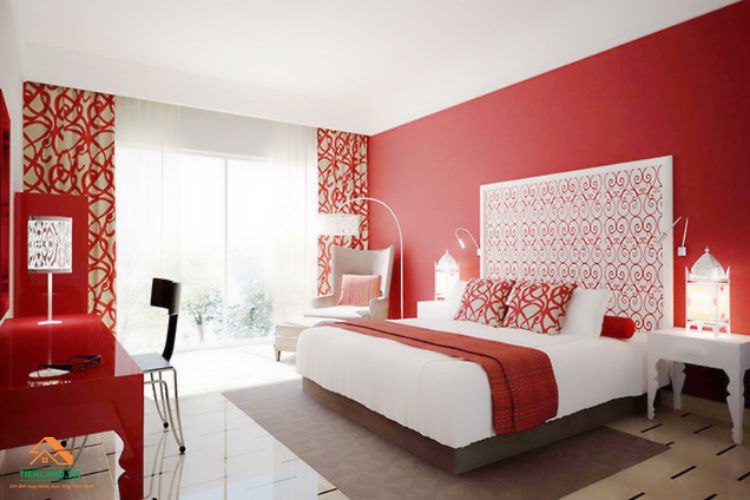 Tông đỏ làm cho căn phòng thêm phần nổi bật những cũng không kém phần sang trọng, kết hợp với mà trắng tạo nên hai màu chủ đạo hết sức tinh tế và thanh tao