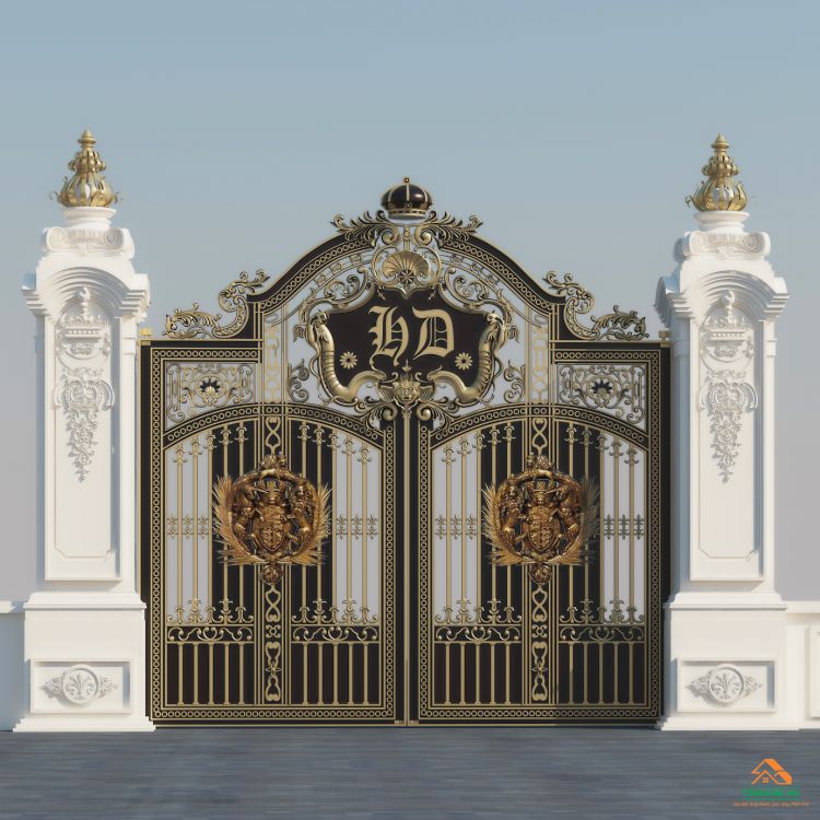 Cổng nhà nguy nga, với màu trung tính, tượng trưng cho sự sang trọng.