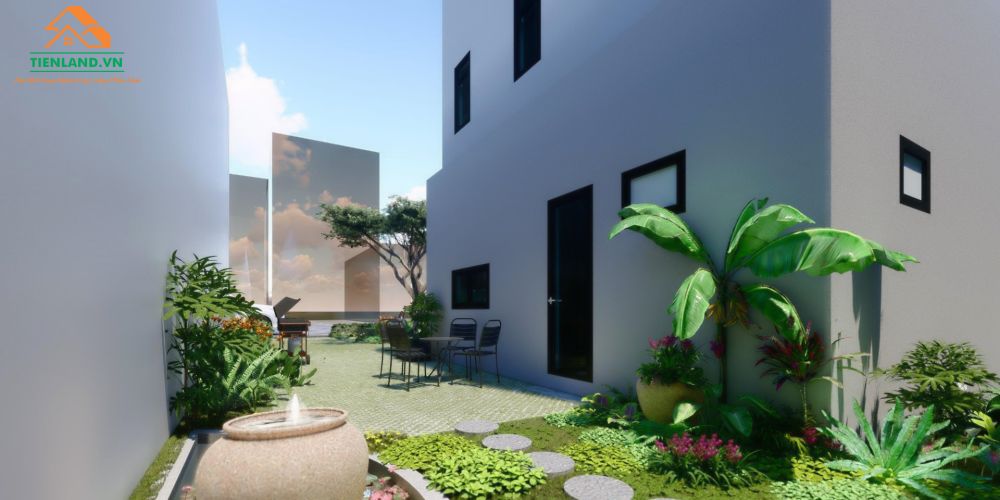  Sân vườn phía sau hiên nhà rộng rãi, vừa tạo được sự thẩm mỹ cho ngôi nhà, vừa giúp không gian trở nên trong lành và mát mẻ