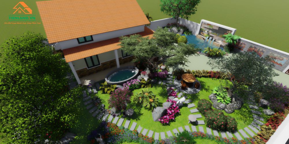 Khuôn viên nhà cùng với cây xanh tỉ mỉ đến từng chi tiết, từng tiểu cảnh được chăm chút