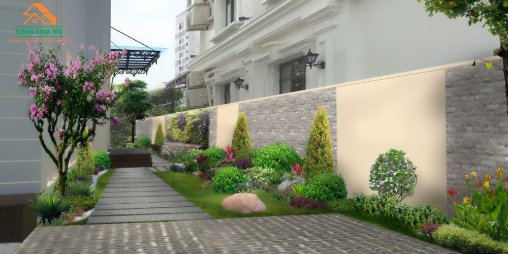  Sân vườn đầy hoa và cây xanh giúp cho tổng thể ngôi nhà được hài hoà với bê tông xung quanh