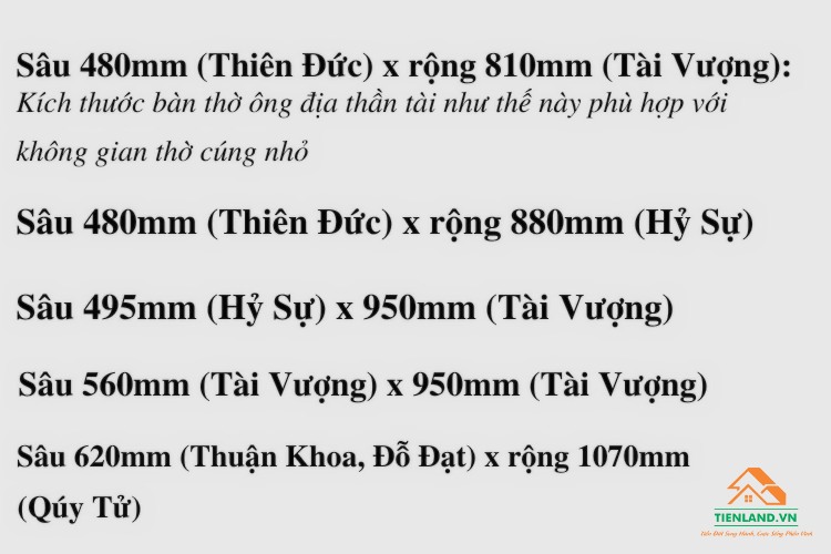 Một số kích thước chuẩn được gợi ý cho bàn thờ ông Địa