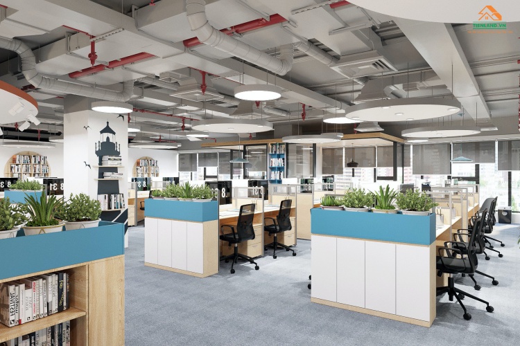  Thiết kế trần mới lạ tạo cảm giác mới lạ cho không gian làm việc, đồng thời việc đưa cây xanh vào văn phòng cũng tạo cảm hứng làm việc tốt hơn cho nhân viên.
