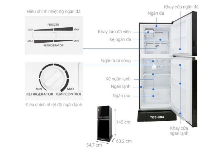 Kích thước tủ lạnh Toshiba 194 lít
