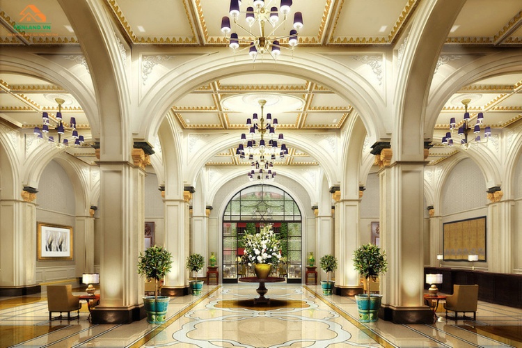 Thiết kế sảnh khách sạn với kiến trúc giống như một cung điện, gam màu trắng cùng hệ thống chiếu sáng đẹp mắt càng làm tăng lên sự sang trọng của không gian